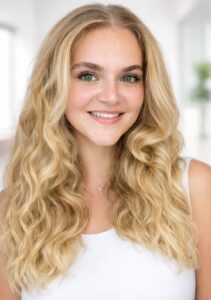 Smiling woman with long, wavy blonde hair.